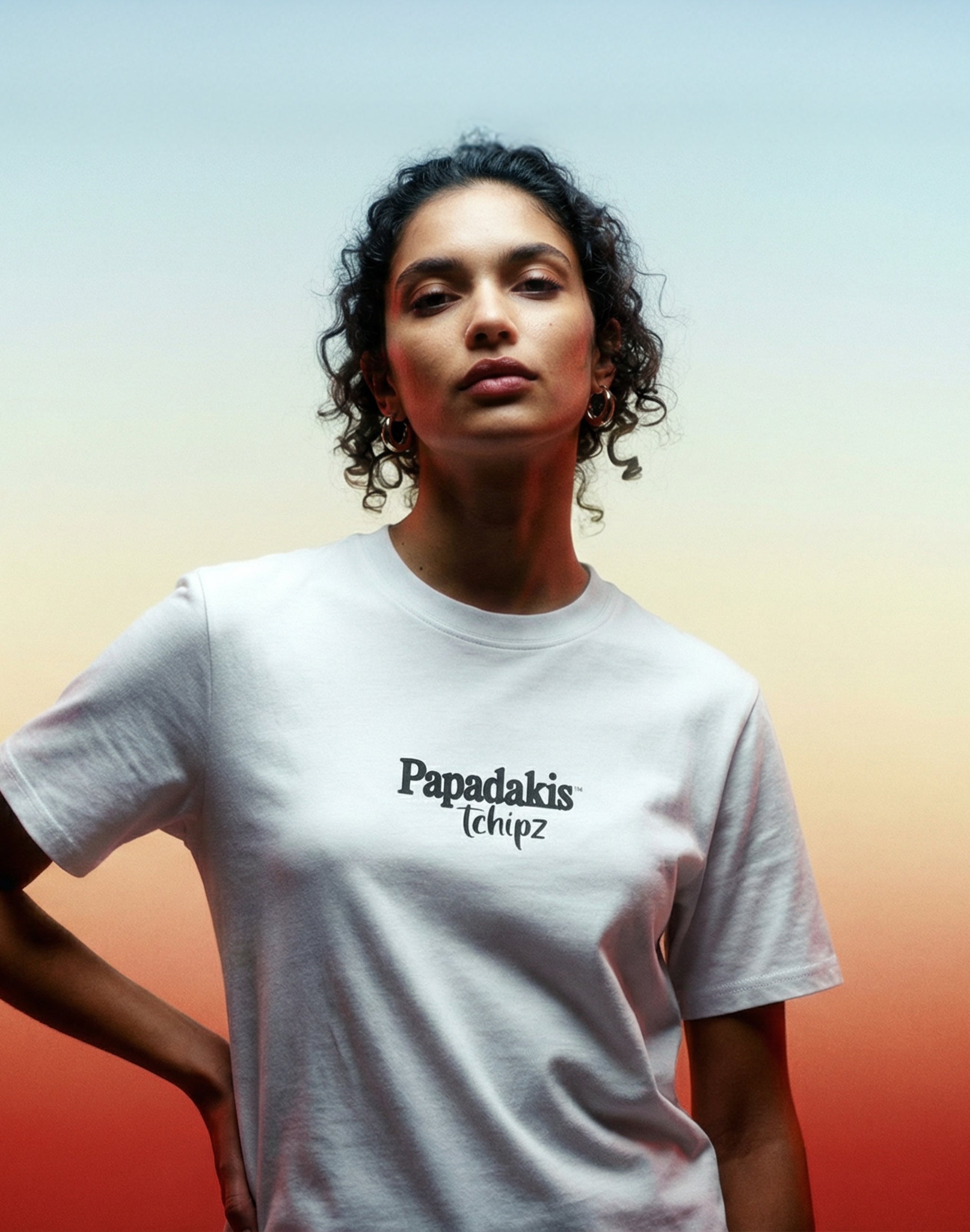 Papadakis Tchipz T-Shirt white middle chest print sponsor studio shot female model horizon studio — PERAMA Sponsors