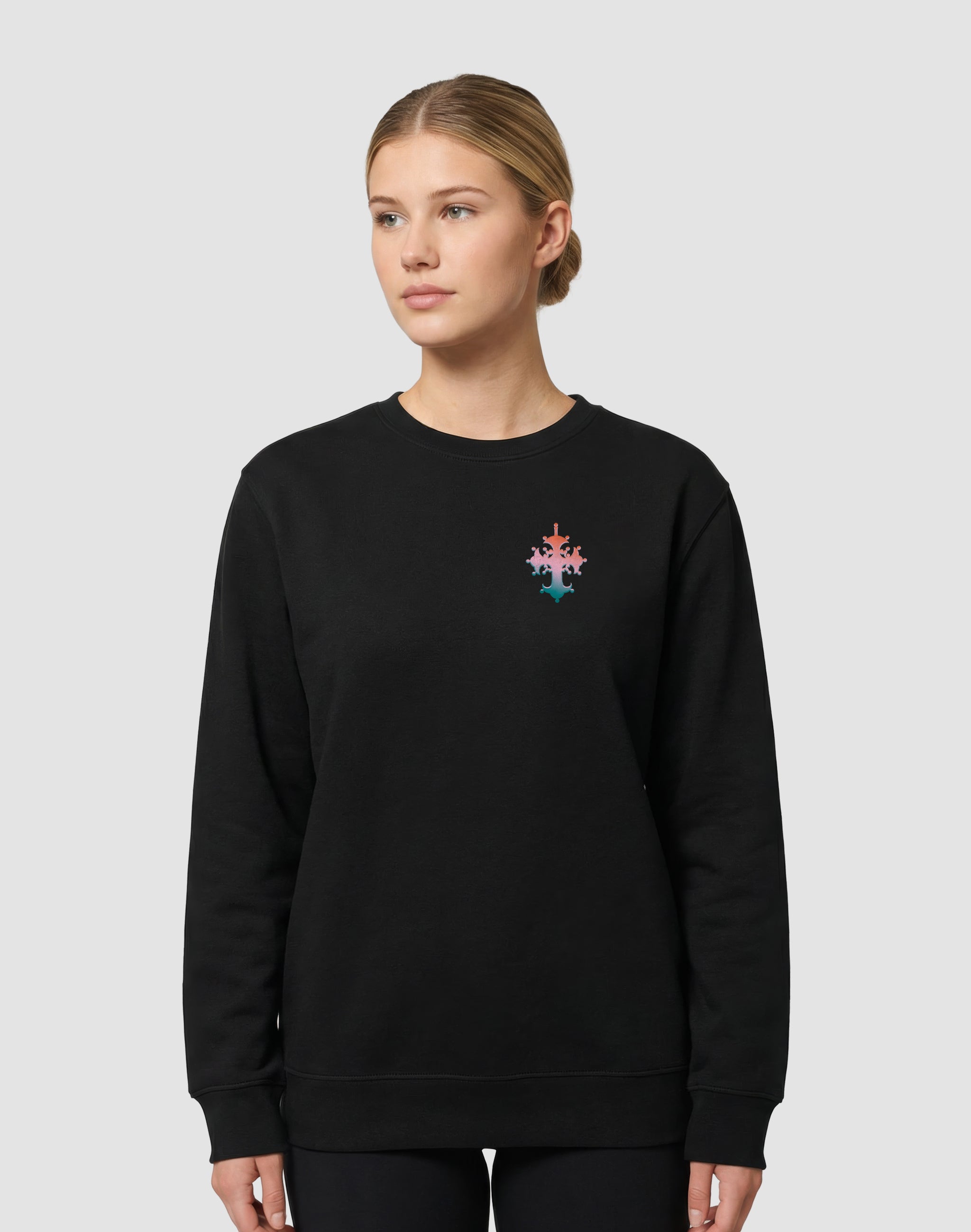 Sima 01 black sweatshirt chest print worn by female model — PERAMA Classics
