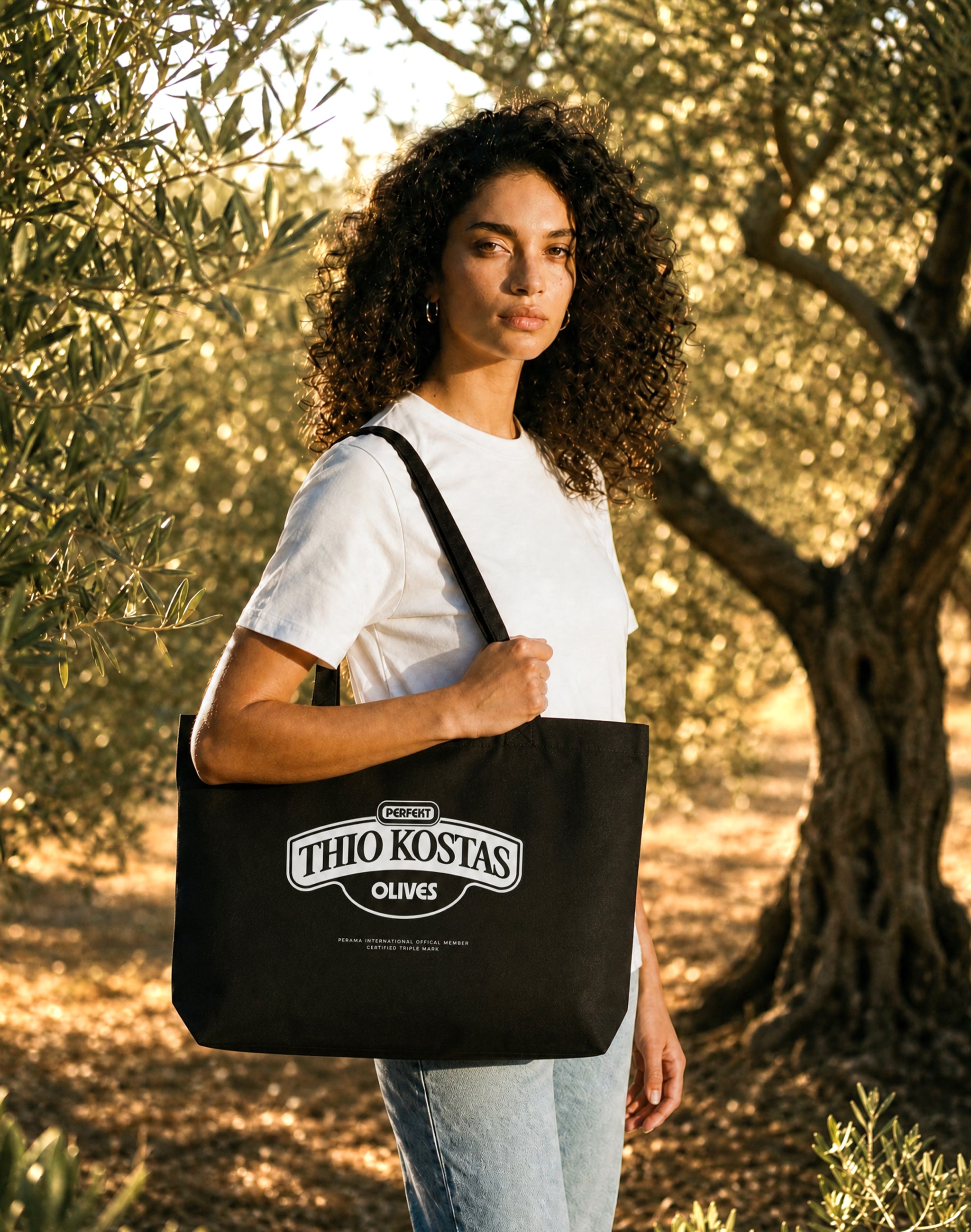 female model holding Thio Kostas Olives Eco Tote over shoulder — PERAMA Sponsors