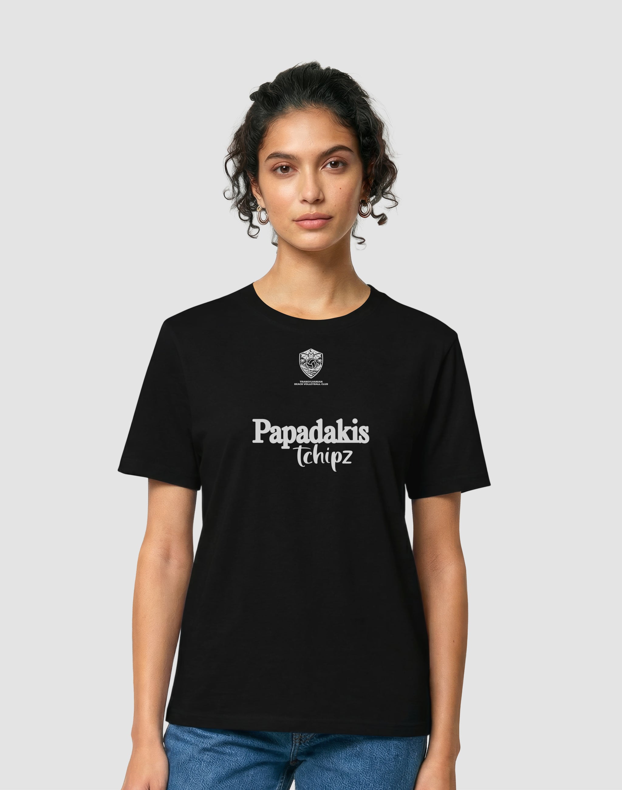 Transylvanian Beach Volleyball Club Tournament T-Shirt black sponsored by Papadakis Tchipz worn by female model — PERAMA Sports Federations