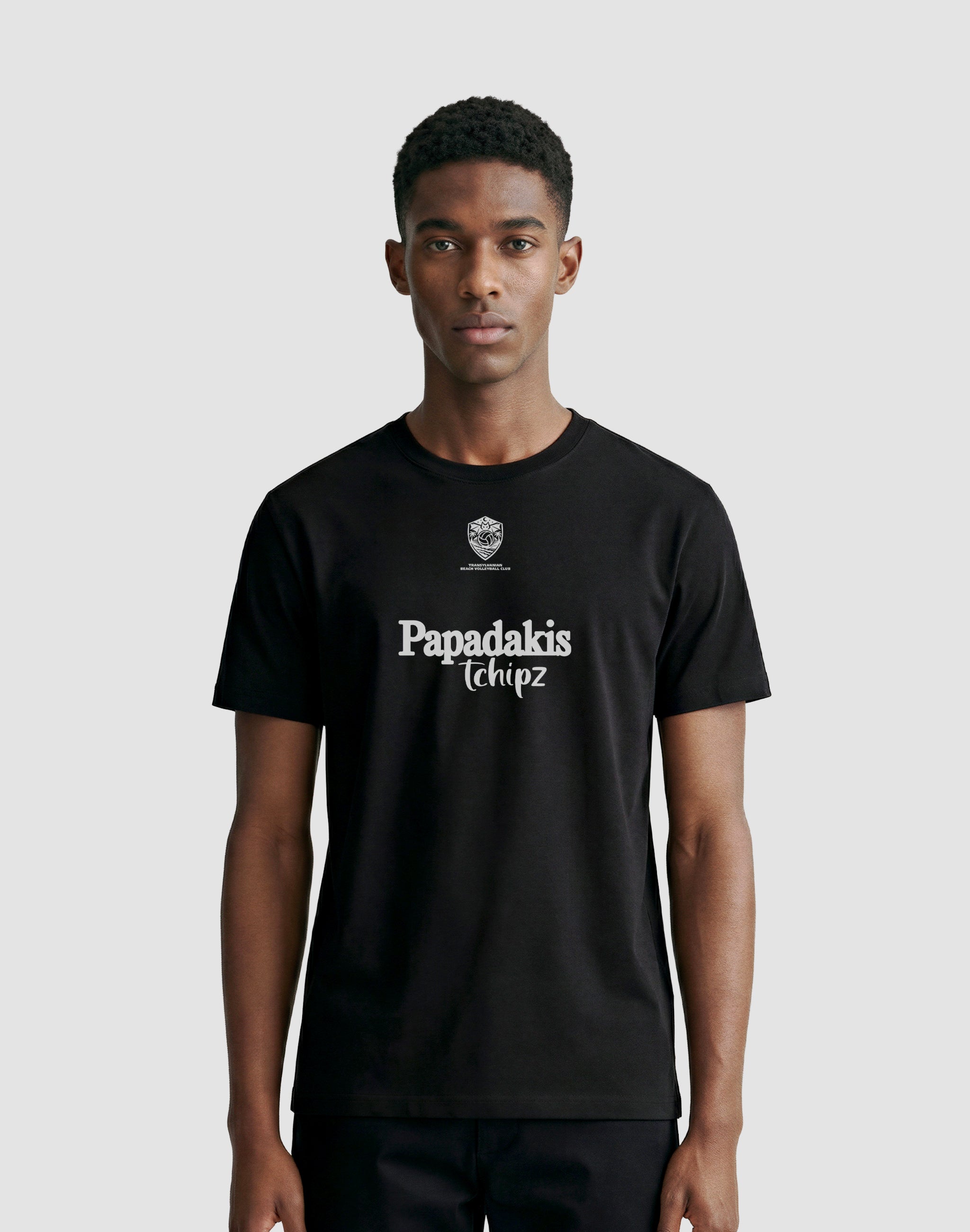 Transylvanian Beach Volleyball Club Tournament T-Shirt black sponsored by Papadakis Tchipz worn by male model — PERAMA Sports Federations