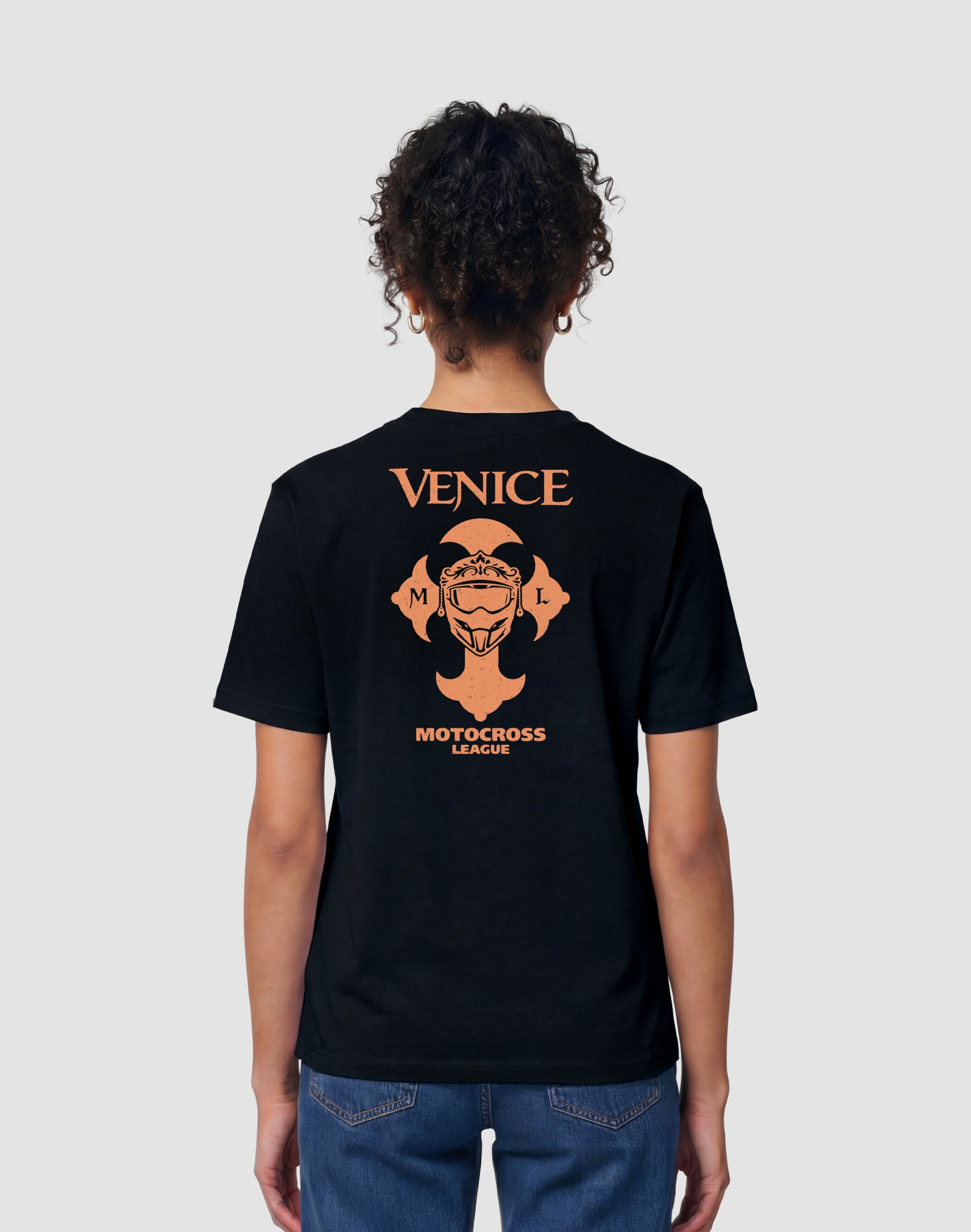 Venice Motocross League Uniform black T-Shirt back print worn by female model — PERAMA Federations