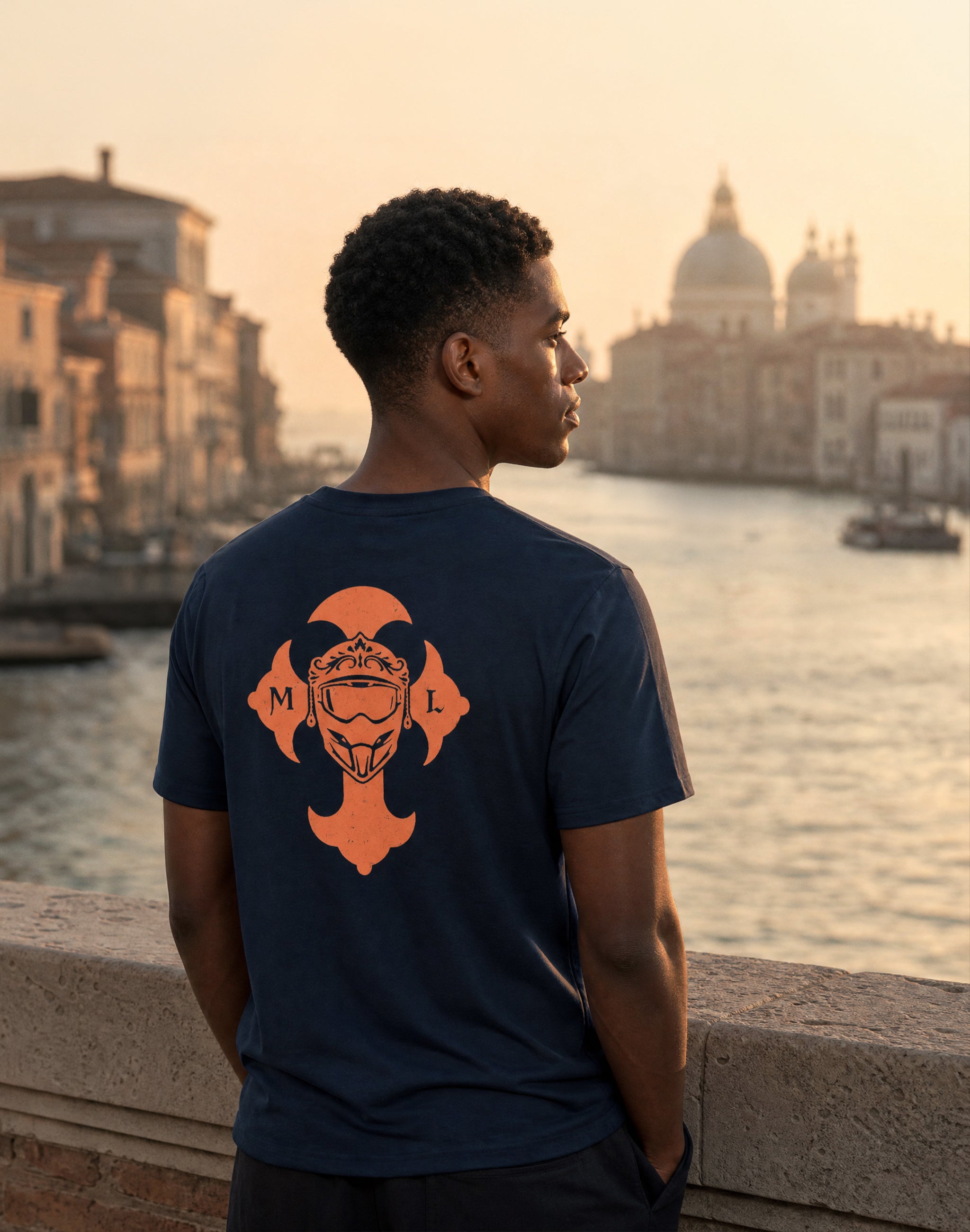Venice Motocross League Clubwear T-french navy Shirt back print worn by male model in venice — PERAMA Federations