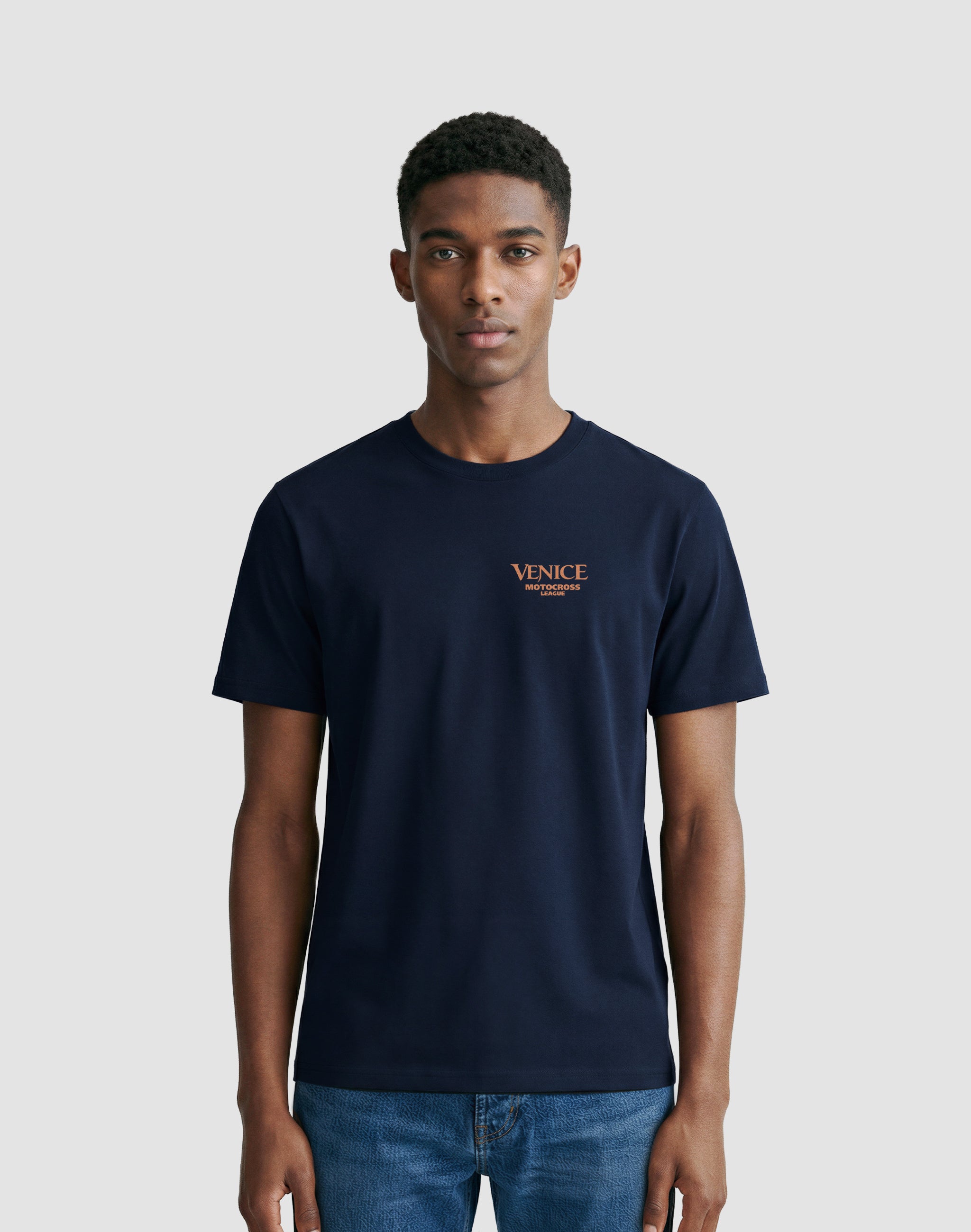 Venice Motocross League Clubwear T-french navy Shirt front chest worn by male model — PERAMA Federations