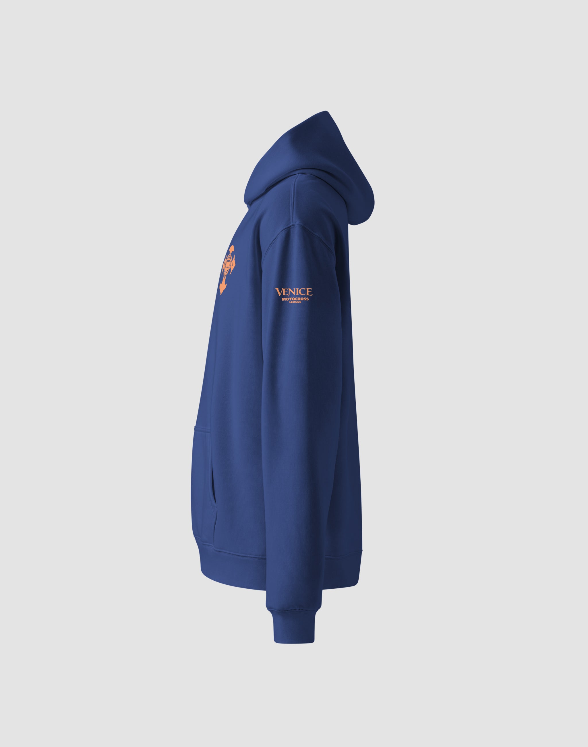 Venice Motocross League uniform hoodie blue front left arm print — PERAMA Federations